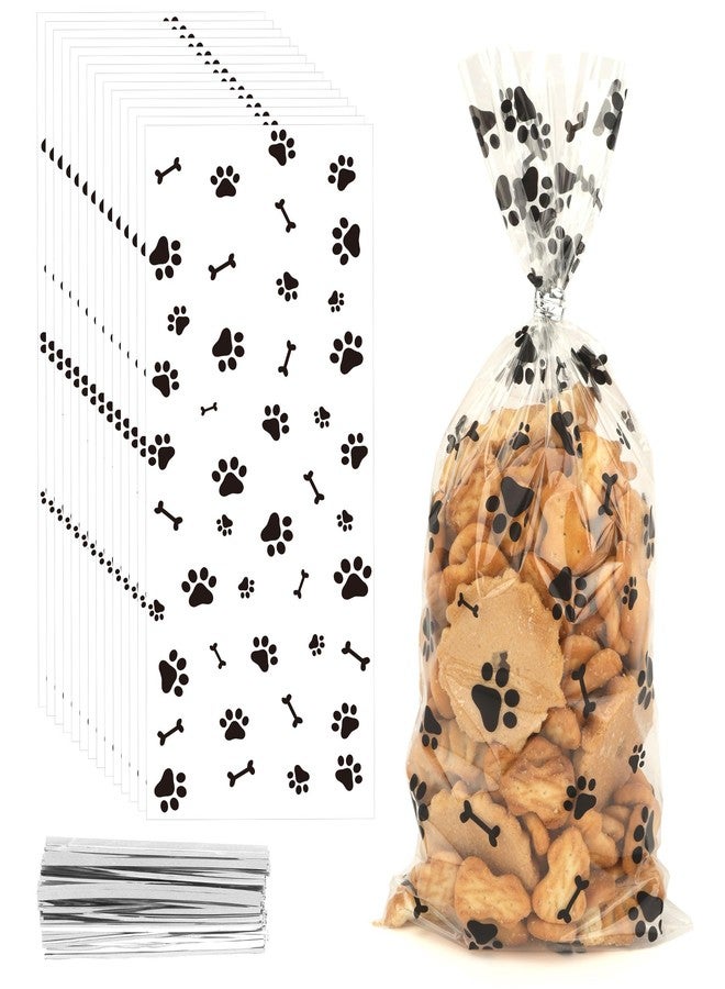 BOEIAC 200 PCS Pet Paw Print Cellophane Bags, Dog Print Cellophane Treat Bags, Dog Treat Bag, Plastic Candy Cookie Gift Bag with 200 Silver Twist Ties for Dogs Birthday Party Favors Decorations, Black - Image 1